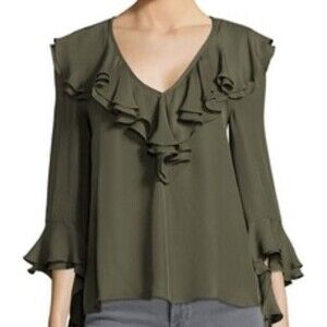 TRINA TURK Lantana Ruffle Trim Top Green XS Bell Sleeves Semi Sheer Silk